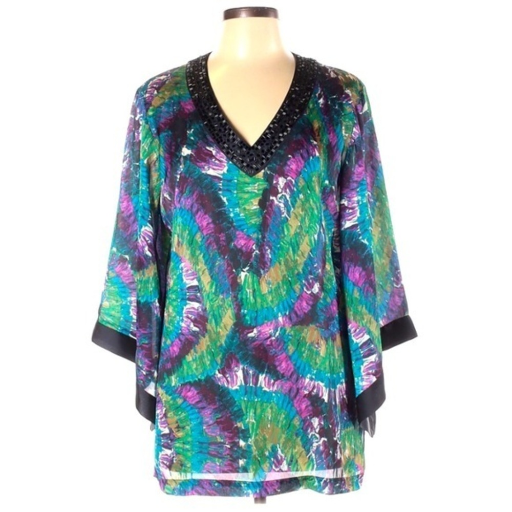 Dana Buchman L green BOHO beaded flare sleeve top